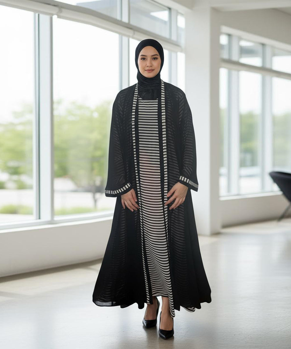 Stylish Front Open Abaya w Sheer Striped Overlay With Stoller and Niqab Black