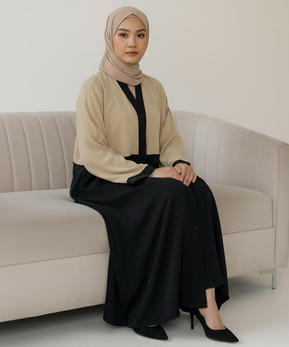 Two-Tone Front Open Abaya Stylish Stretchable Beige & Black