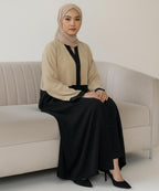 Two-Tone Front Open Abaya Stylish Stretchable Beige & Black