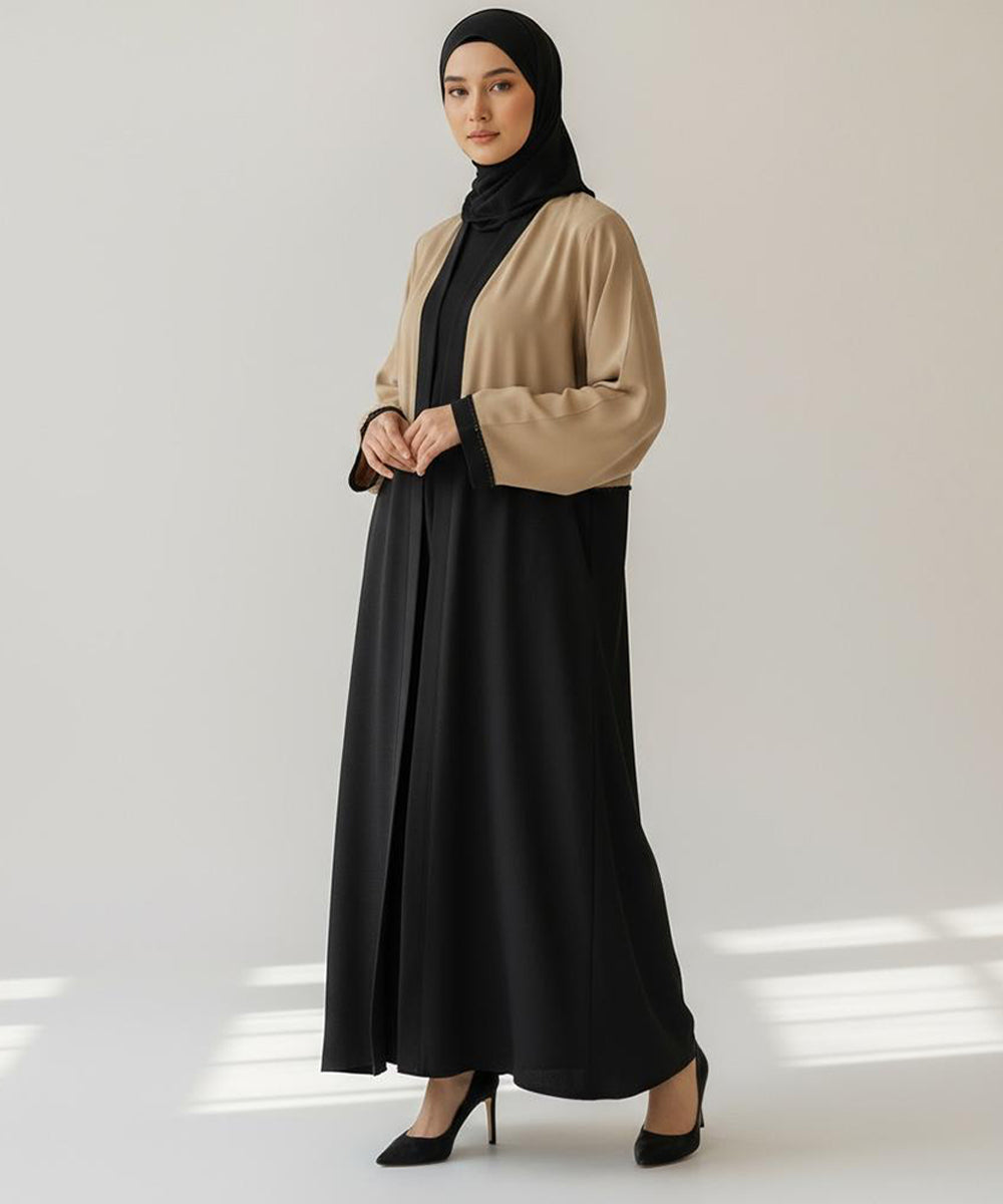 Two-Tone Front Open Abaya Stylish Stretchable Beige & Black