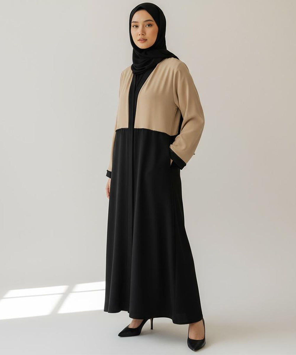 Two-Tone Front Open Abaya Stylish Stretchable Beige & Black