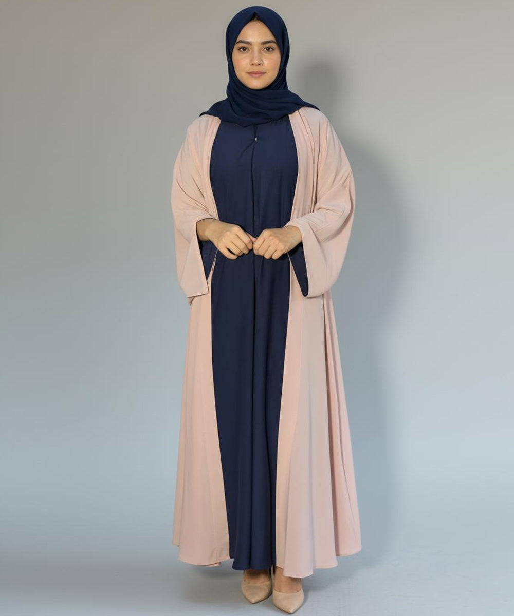 Two-Tone Modest Abaya Deep Navy Inner with Soft Blush-Pink Outer With stoller