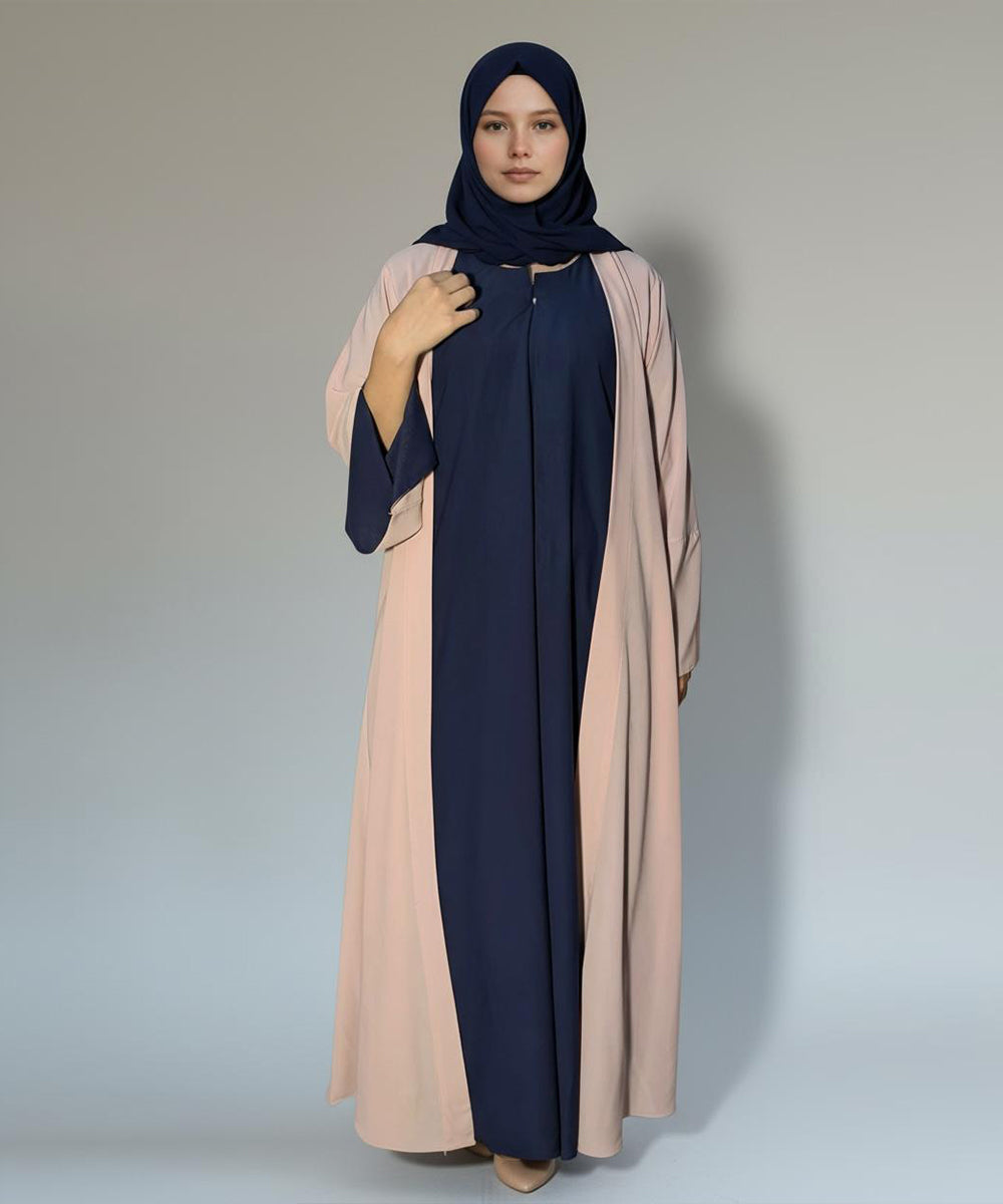 Two-Tone Modest Abaya Deep Navy Inner with Soft Blush-Pink Outer With stoller