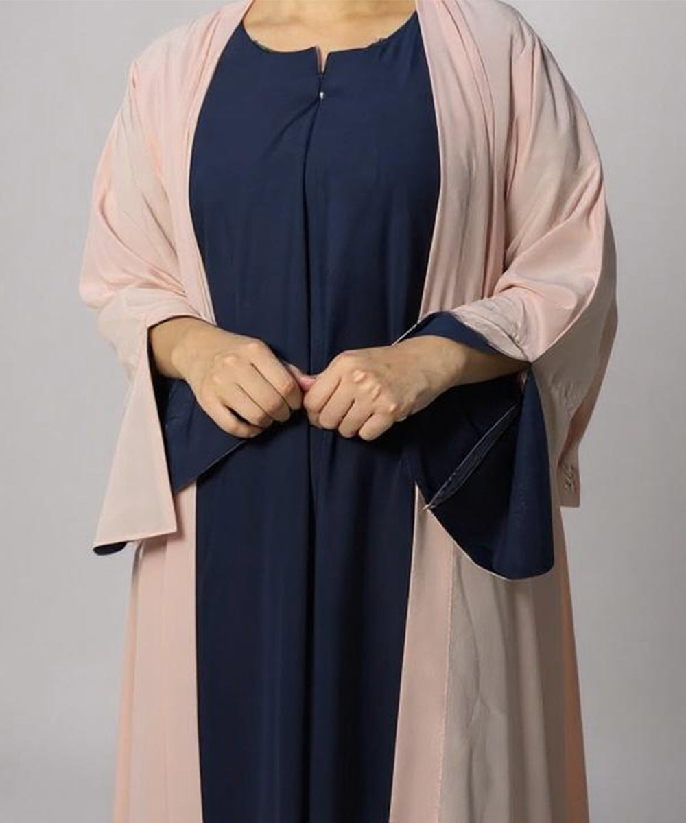 Two-Tone Modest Abaya Deep Navy Inner with Soft Blush-Pink Outer With stoller
