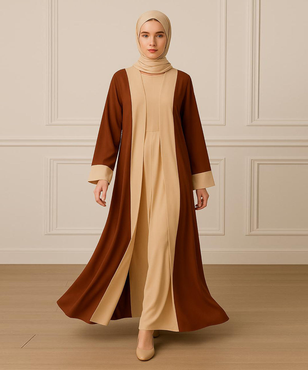 Two Tone Abaya Inner Upper and Hijab Brown & Beige