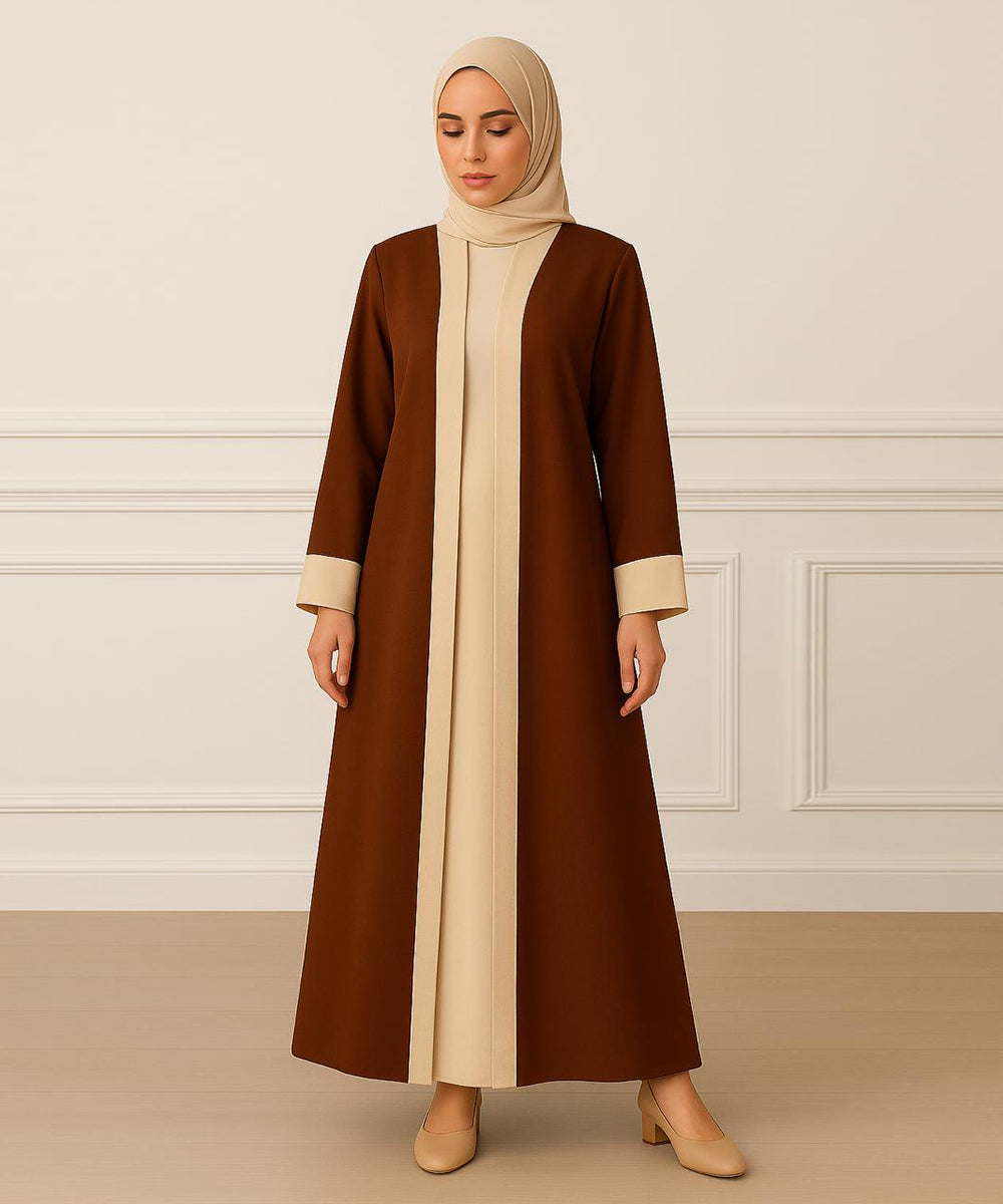 Two Tone Abaya Inner Upper and Hijab Brown & Beige
