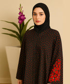 Umbrella Style Black Base with Red Dotted Print & Floral Patterned Sleeves