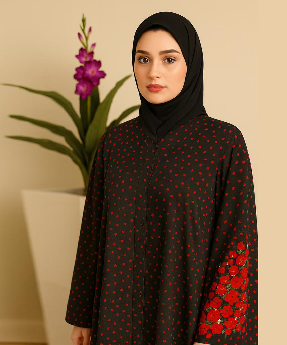 Umbrella Style Black Base with Red Dotted Print & Floral Patterned Sleeves