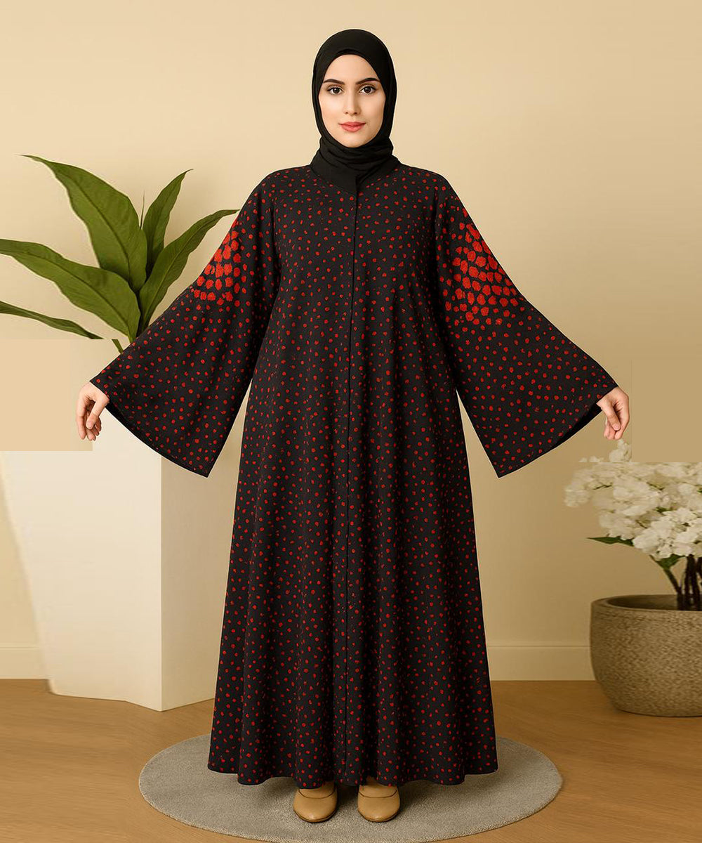 Umbrella Style Black Base with Red Dotted Print & Floral Patterned Sleeves