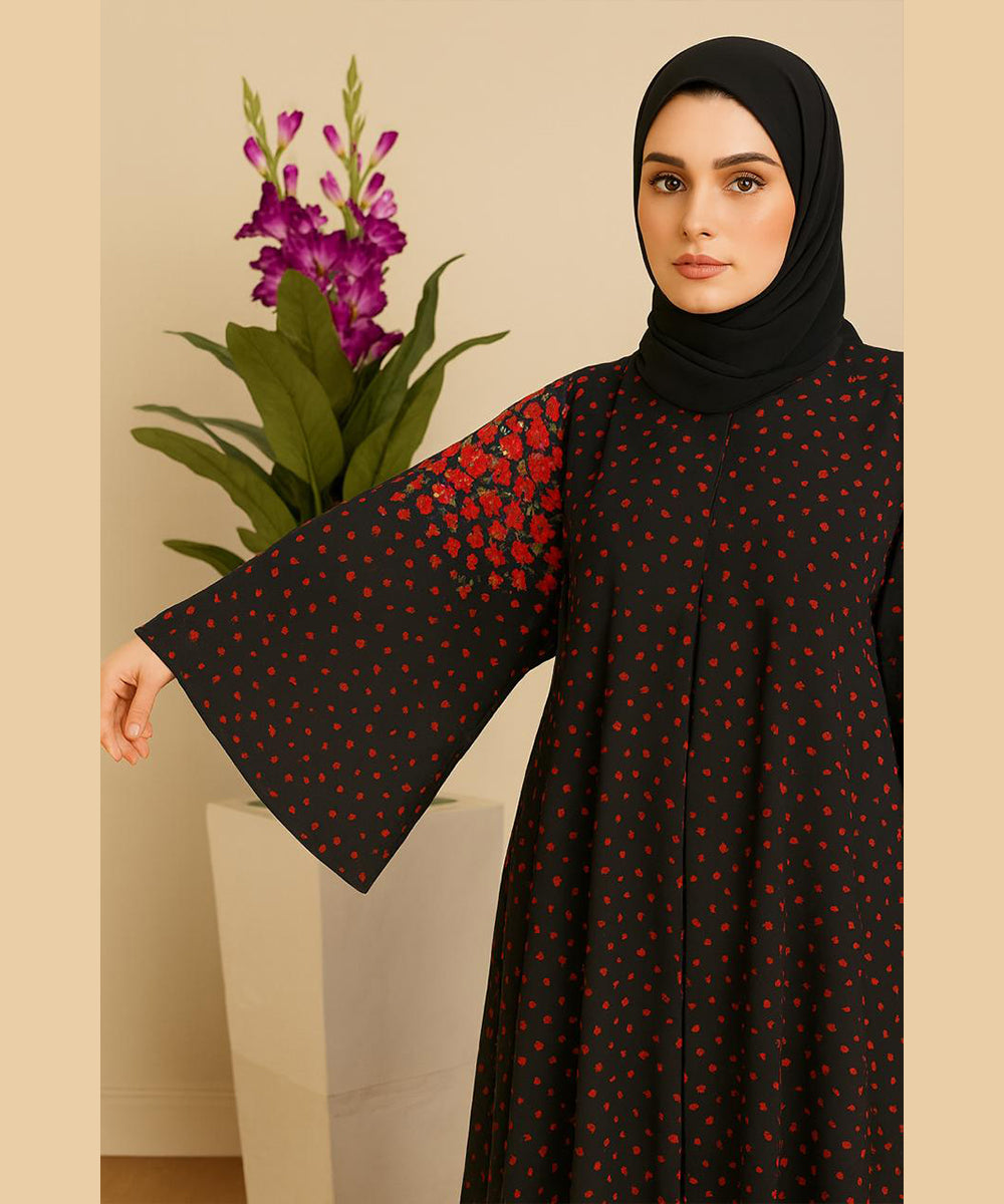 Umbrella Style Black Base with Red Dotted Print & Floral Patterned Sleeves