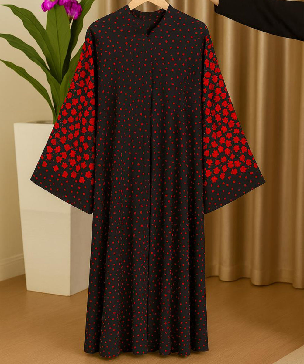 Umbrella Style Black Base with Red Dotted Print & Floral Patterned Sleeves