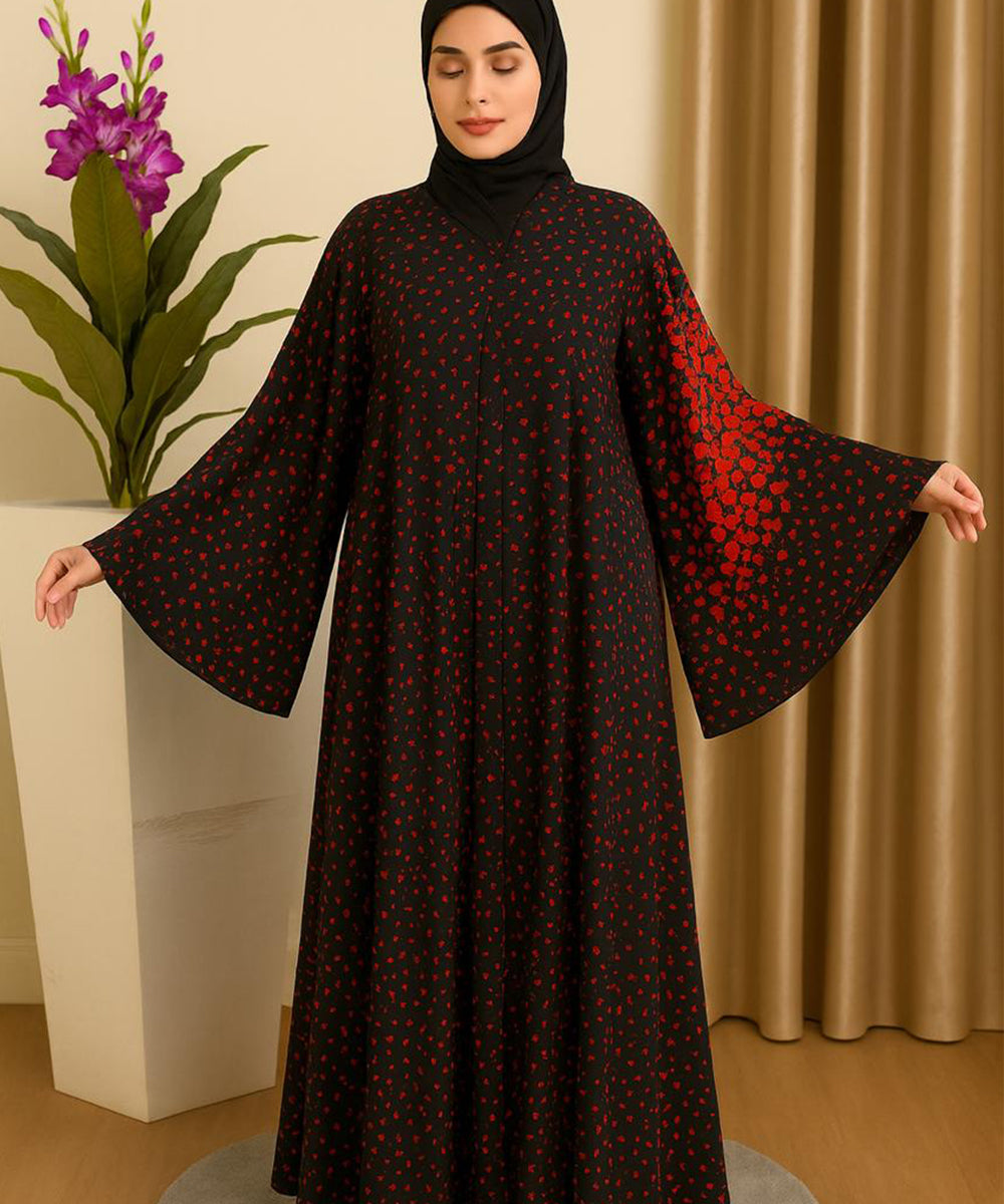 Umbrella Style Black Base with Red Dotted Print & Floral Patterned Sleeves