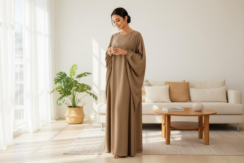 Versatile A Cut Abaya With Hijab Taupe/Brown Shade